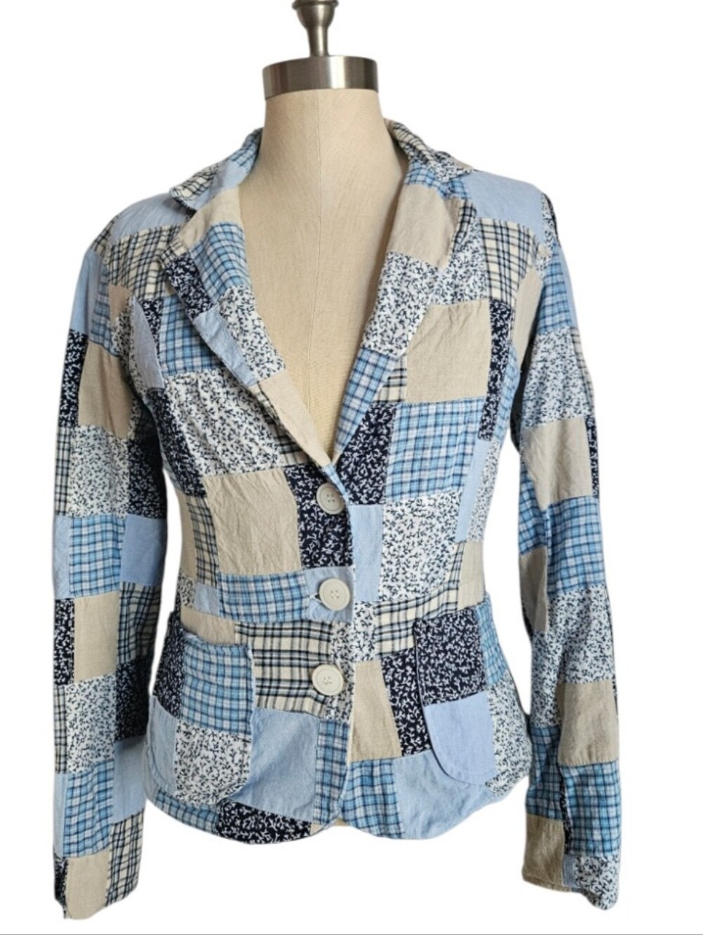 BAMBOO TRADERS Patchwork Blazer Jacket Blue Plaid Floral Cotton | SZ S